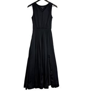 Banana Republic Maxi w Slits Pleated Vneck Dress Black Satin - 0P 0 Petite